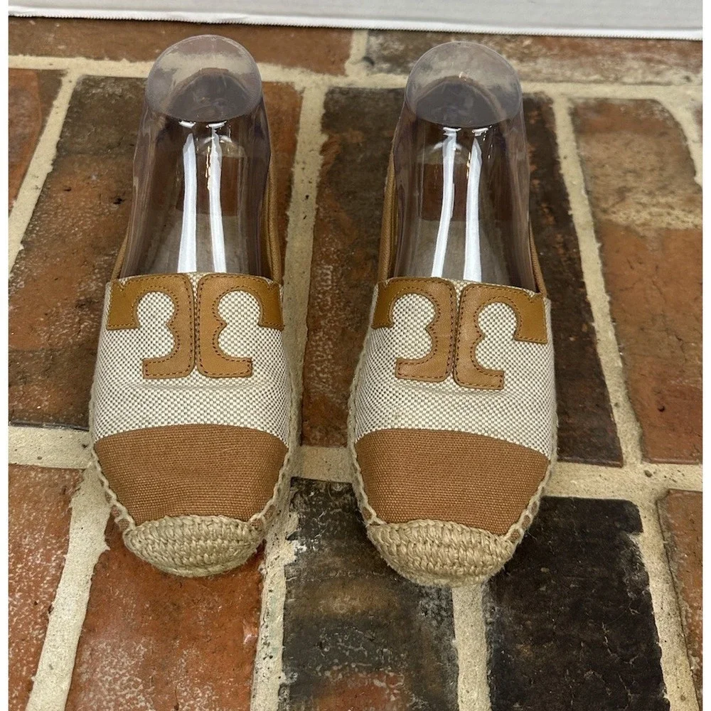 Tory Burch Espadrille Flats‎ Tan & Cream Canvas Slip-On Shoes Size 8 M